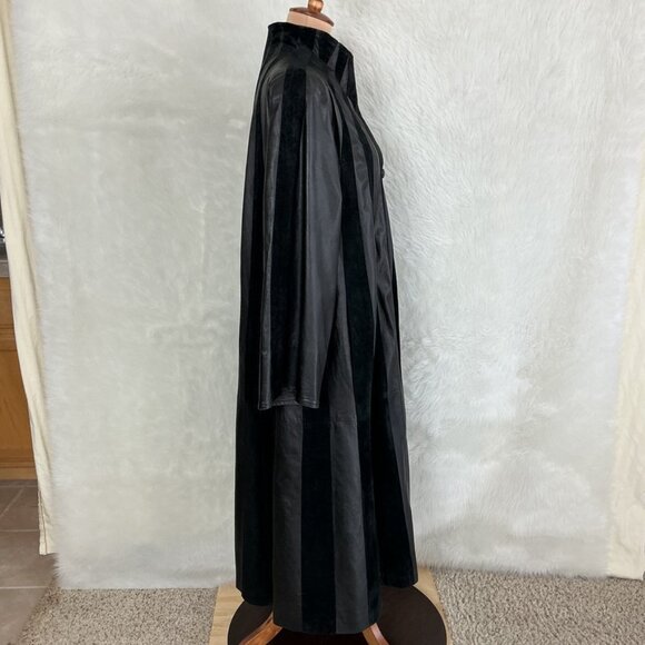 Vintage 80s Vera Pelle Black Leather Suede Patchwork Striped Long Coat 42 S/M - Picture 4 of 7